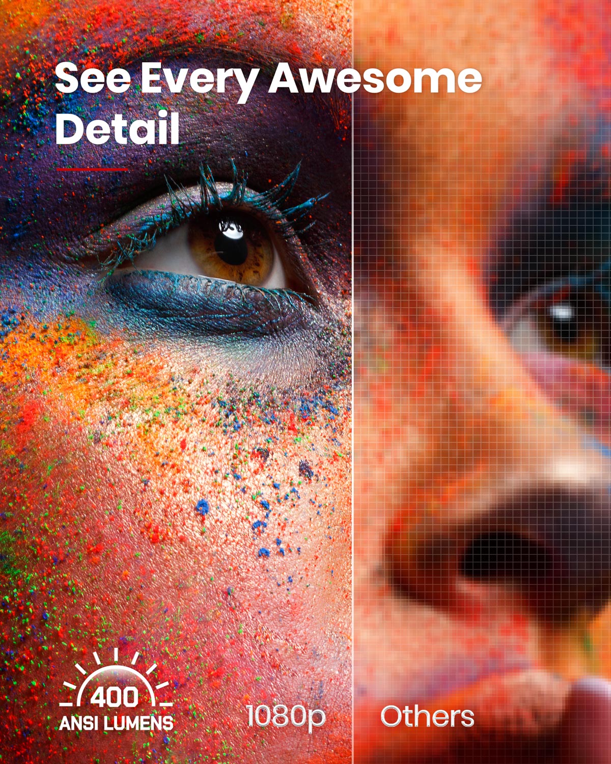 A woman's face is speckled with red makeup and blue eyeshadow with a 400 ANSI Lumens and 1080p logo placed near her lips.