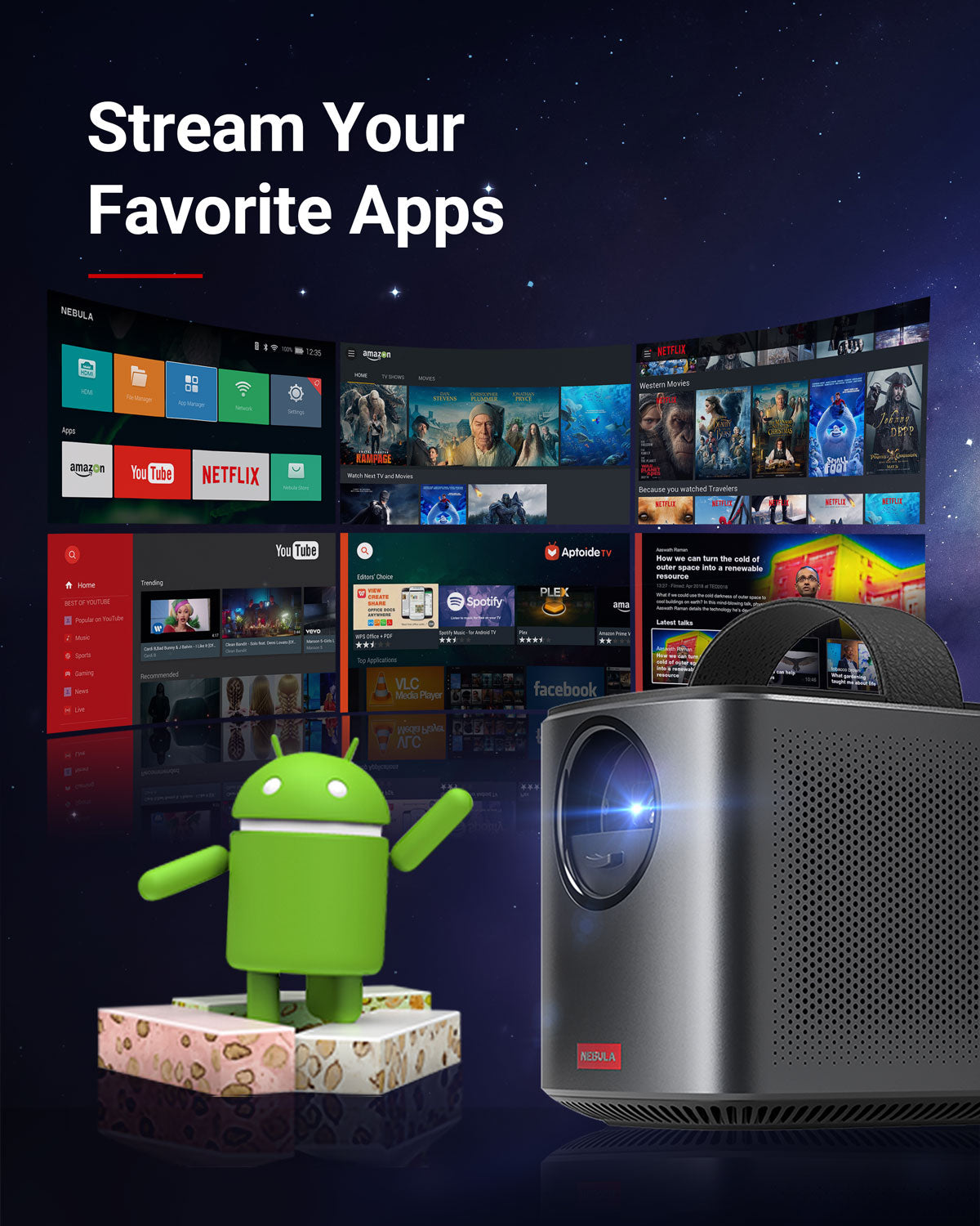 A Mars 2 Pro portable projector sits next to the Android mascot with various streaming service screens displayed behind them.